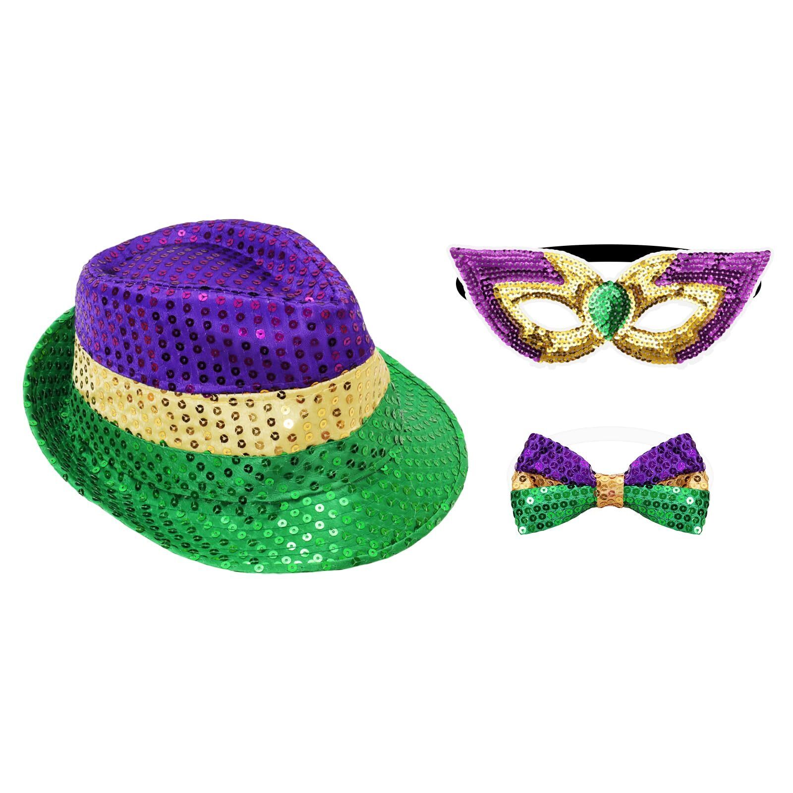 6651 3pcs Mardi Gras Costumes Accessoriess Set Sequin Mask Hat